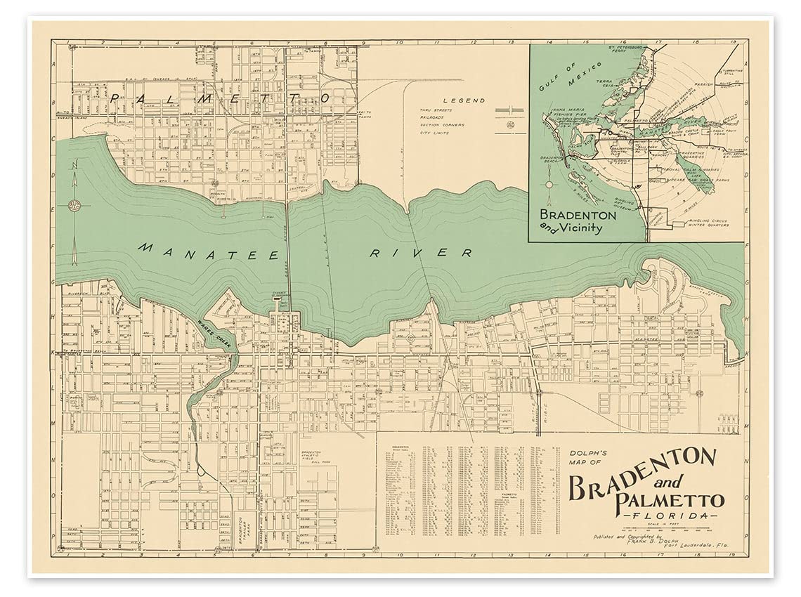 Antiguos Maps Bradenton and Palmetto Map - The Friendly City Florida City Street Art Print by Dolph circa 1940 (18 inches x 24 inches)