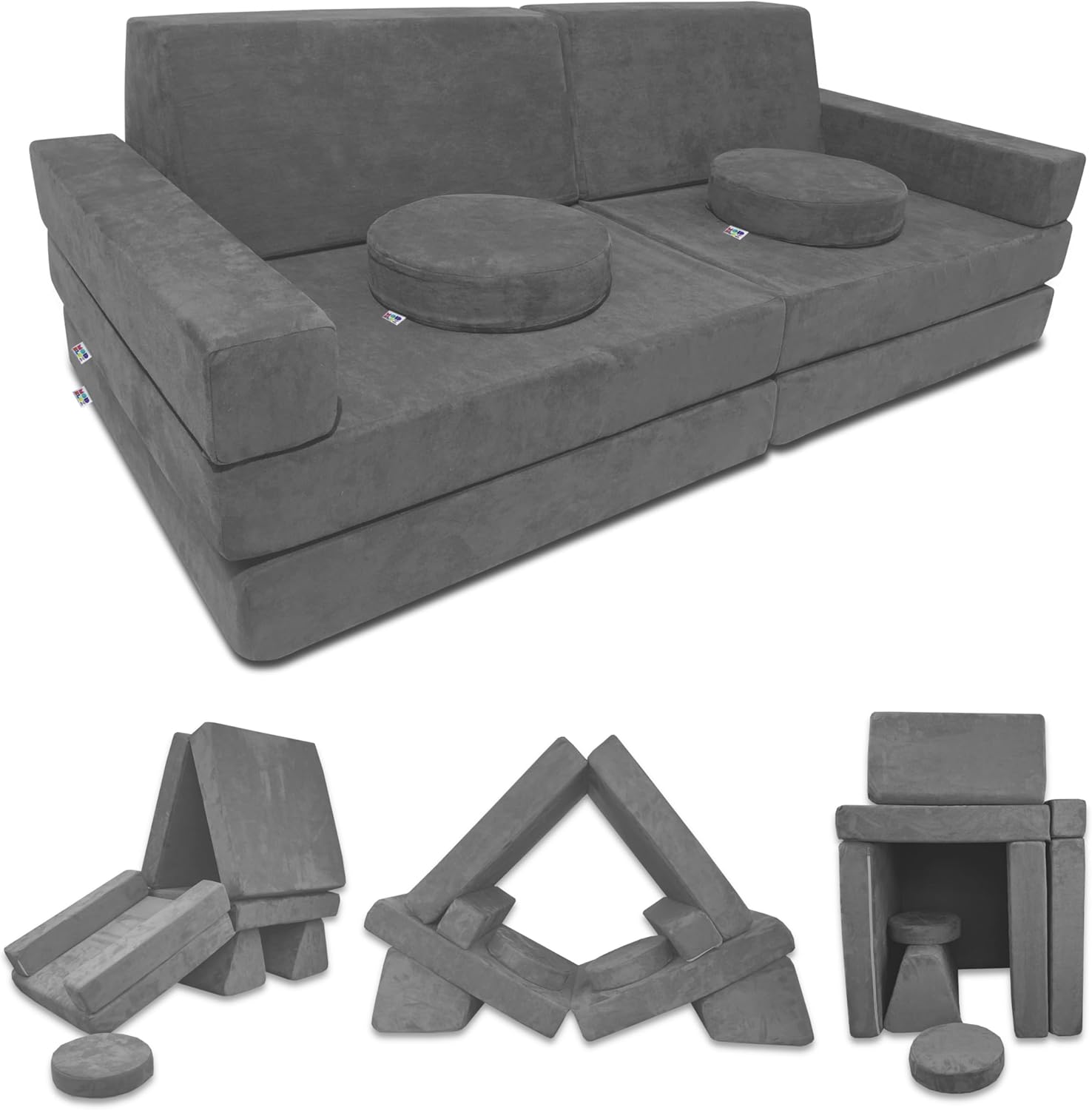Mod Blox 10 Piece Soft Modular Kids Play Couch for Boys and Girls ｜ Child Sectional Fort Building Sofa for Toddlers Playroom with Microsuede Covers + High Density Convertible Foam Cushions (Dark Gray)