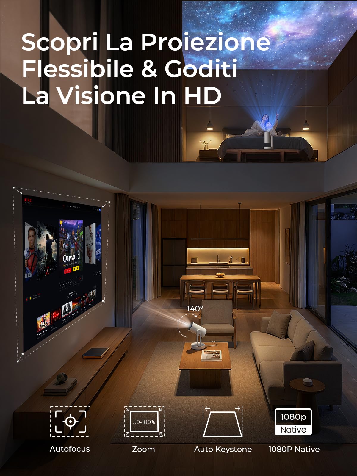 ETOE Mini Proiettore con Google TV e Netflix, Videoproiettore con Luce Stellata e Luce Notturna, 1080P Nativo, Autofocus, Controllo Vocale, Rotazione 140°/Design Sigillato, Per Camera da Letto