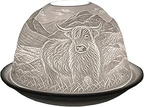 Cello Porcelain Tealight Holder Dome, Highland Cow Design, A Candle Holder Projecting a 3D Loving Image. Highland Cow Ornaments - Use With Tealights or LED lights - Highland Cow Gifts ., White