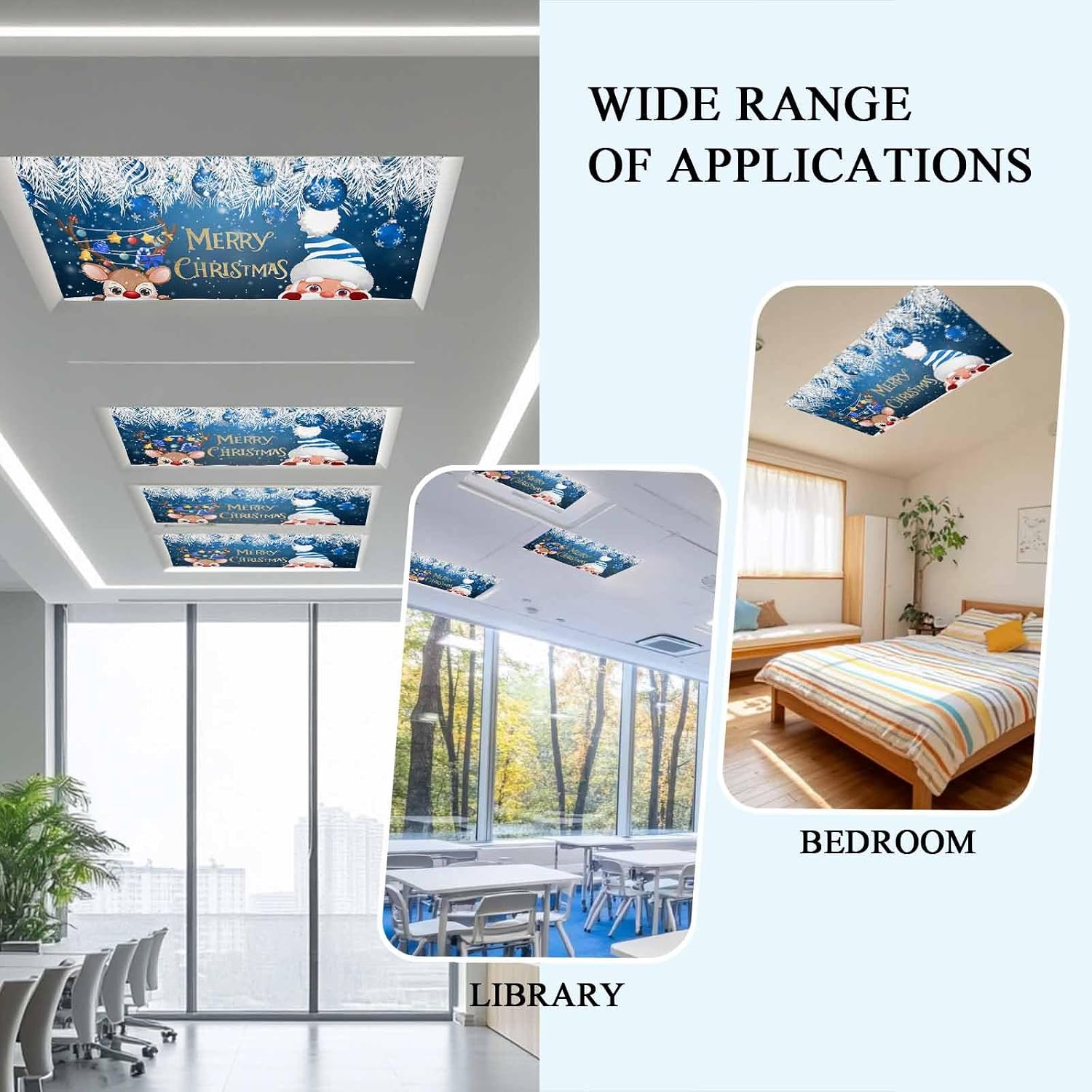 Santa Claus Magnetic Fluorescent Light Covers for Ceiling Lights 2 x 4 Feet,Christmas Elk Cartoon Pine Tree Leaves Blue Office Classroom Kitchen Drop Ceiling Light Covers Filters Shade Panel 3 Packs