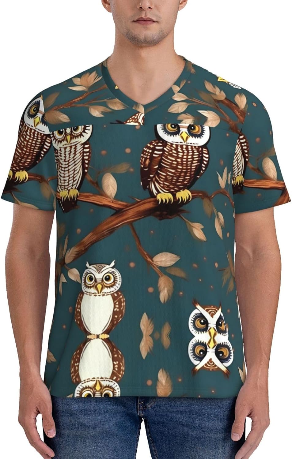 Owls On Tree Branches Rugby Football Jersey for Men, Comfortable V-Neck Loose Fit Top for Team Sports Athletics