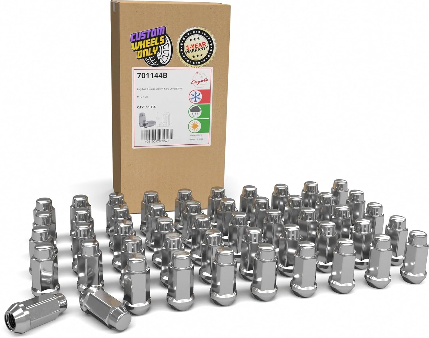 Wheel Accessories Parts 60 Pcs M12 x 1.25 12 x 1.25 Thread Bulge Acorn 1.90" Long Lug Nuts Chrome 3/4" 19mm Hex Fits Nissan Titan (Non XD)