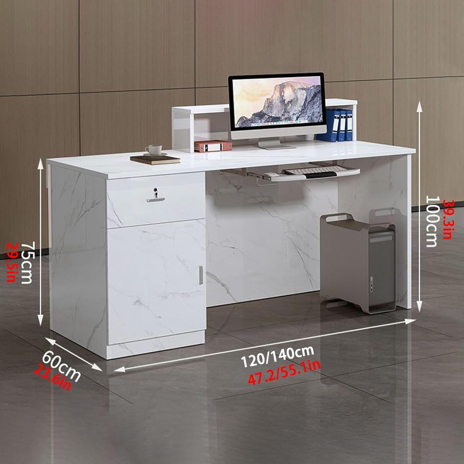 Reception Desk, Front Counter Desk with Lockable Drawer and LED Light, Modern Retail Checkout Counter, Reception Counter Table with Storage, for Salon/Recetion Room/Office(Blue,120cm/47.2in)
