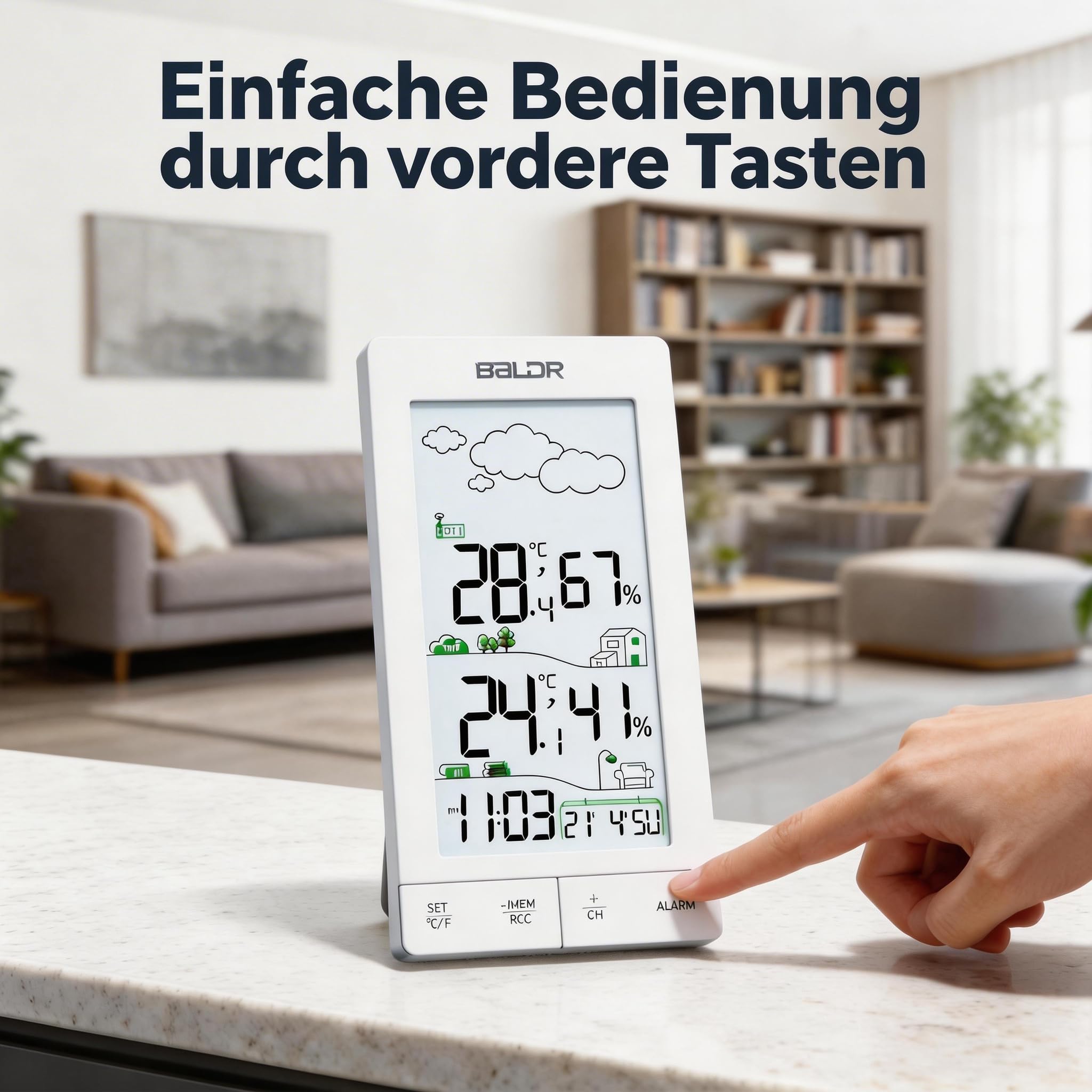 Konsen Wetterstation Funk mit Außensensor – 5" Display mit Hintergrundbeleuchtung, DCF Funkuhr, Innen- & Außentemperatur, Luftfeuchtigkeit, Wettervorhersage, einfache Bedienung durch vordere Tasten