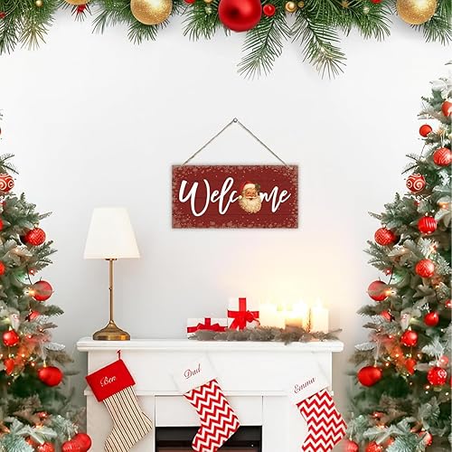 Miniatura 4 de Letrero de bienvenida de Navidad para puerta delantera, letrero de madera con patrón de Papá Noel, decoración retro de grano de madera de color
