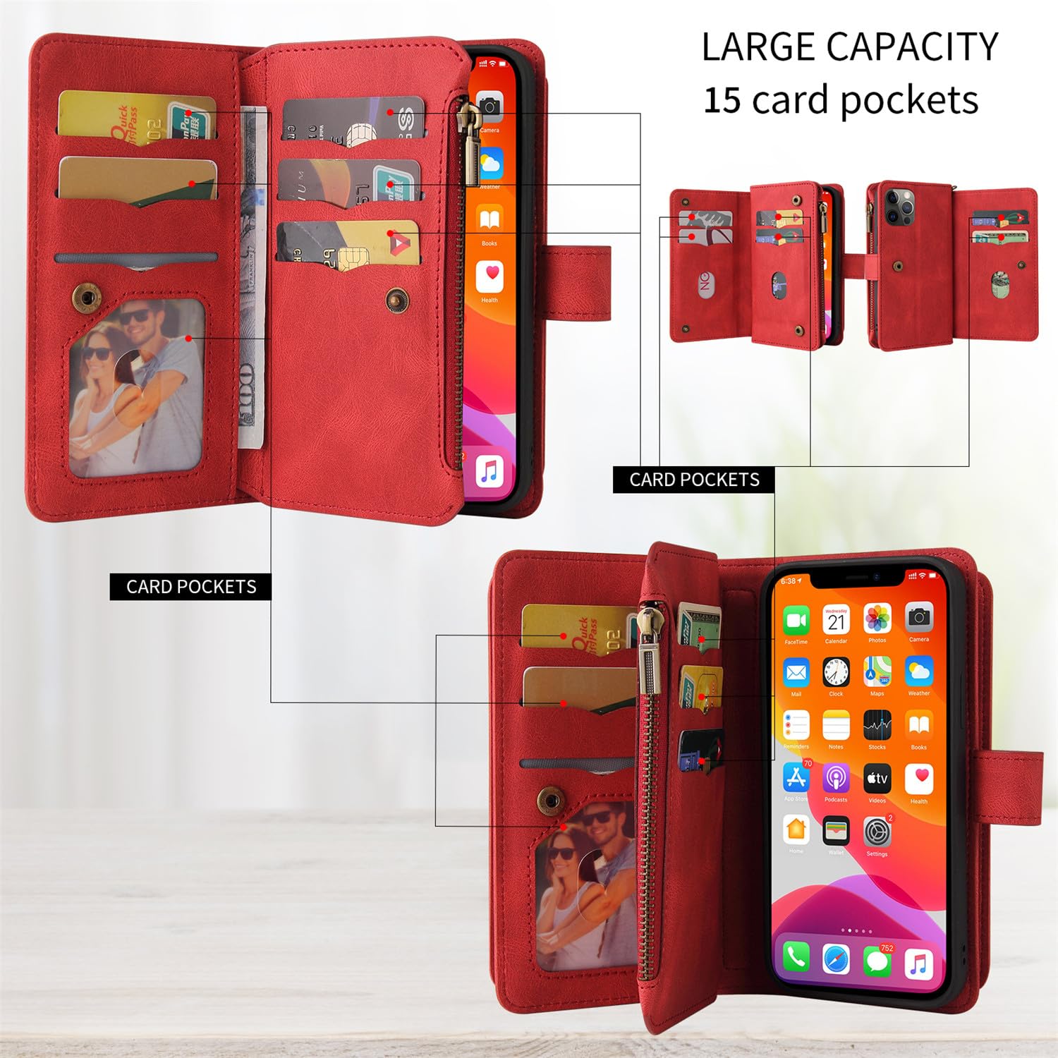 SLLMYYX Portemonnee-hoes compatibel met Google Pixel 8, PU-lederen folio- klaphoesje, ritszakje met 15 kaartsleuven voor de Pixel 8 (rood