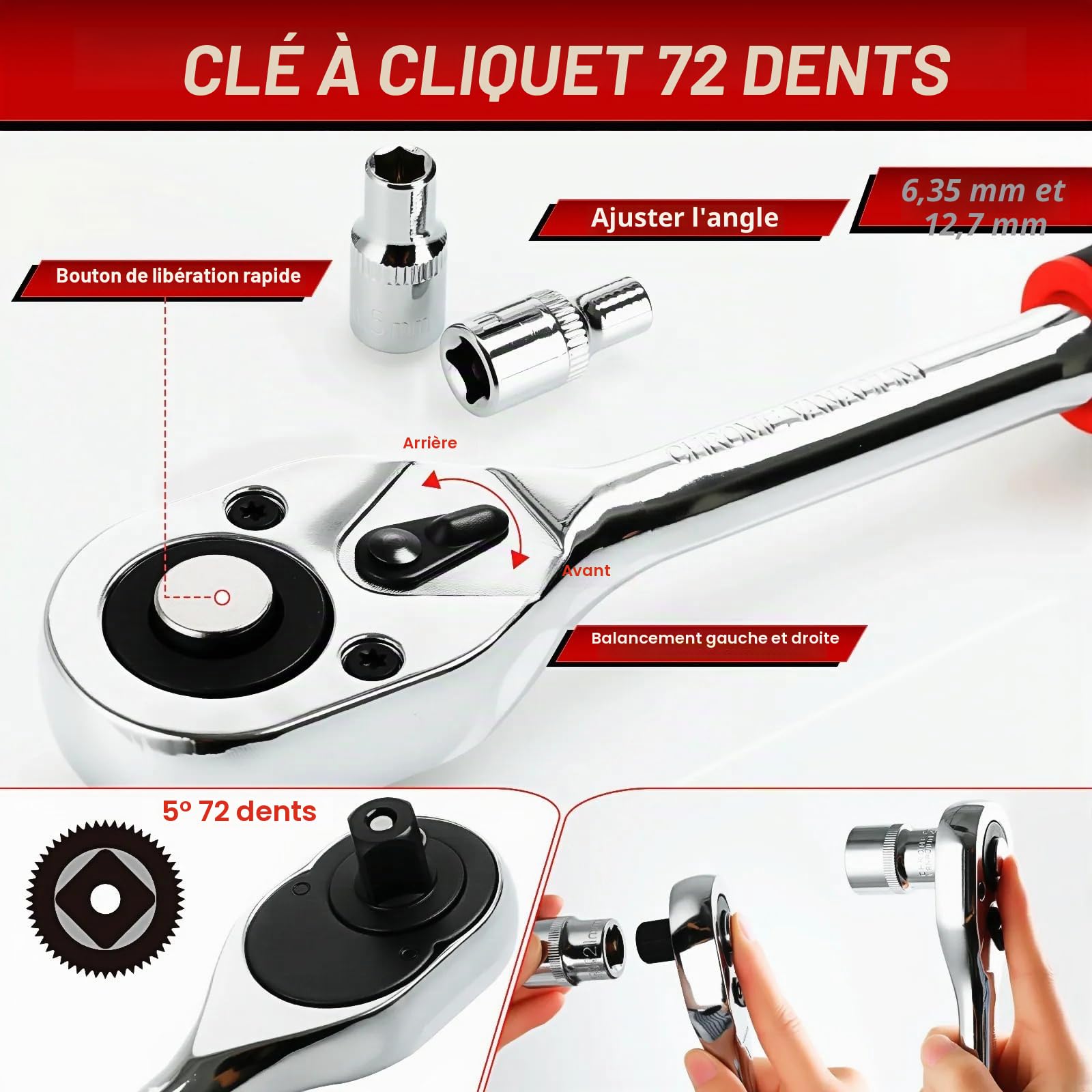 TLGREEN Ensemble de 108 pièces de clés à douille Cr-V avec 1/4" et 1/2" à 72 dents, clé à cliquet réversible à six pans, embouts de clé à douille pour voiture, moto, vélo, usage domestique