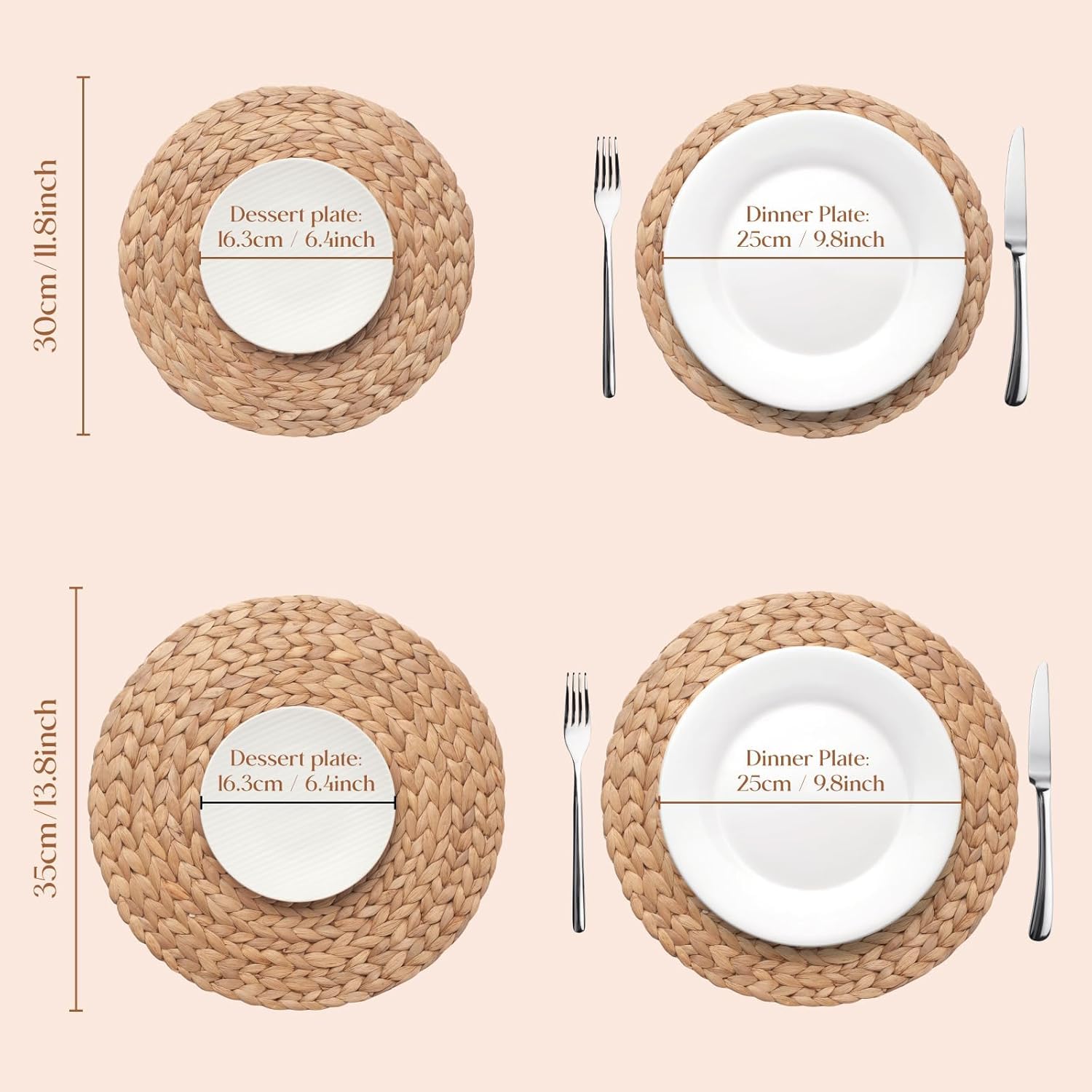 Lot de 6 Sets de Table Ronds tissés en Jacinthe d'eau Naturelle en Osier tressé pour Table à Manger, Automne, Halloween, Thanksgiving, Noël (33 cm)