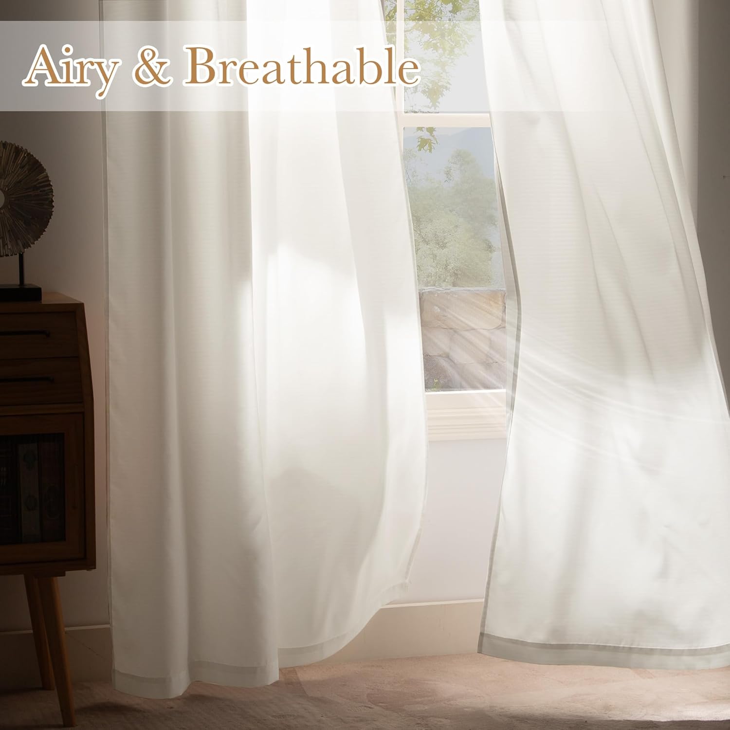 NICETOWN Sheer Curtains 108 Inches Long for Bedroom Living Room, Light Filtering Non See Through Ivory White Grommet Top Semi Sheer Curtains Drapes for Window Covering, 1 Pair, 52" W x 108" L