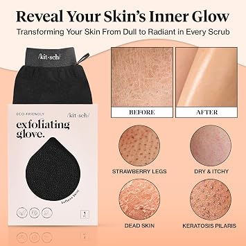 Kitsch Exfoliating Glove 1pc Korean Exfoliating Mitt & Deep Exfoliating Body Scrubber for Shower, Bath | Body Exfoliator Glove, Dead Skin Remover | Skin Care for Smooth Skin - Black