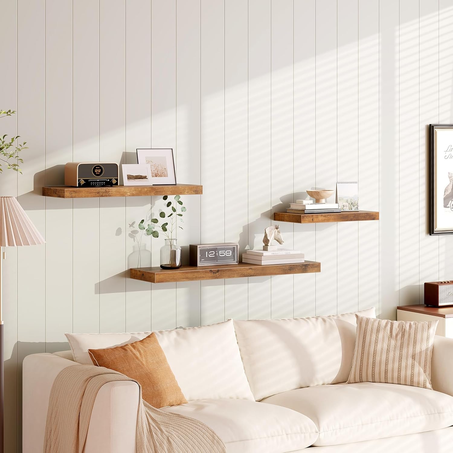 RALGEND Floating Shelves for Wall, 1.5" Thick Wall Shelf Set of 4 with Invisible Brackets, 23.6L x 7.9W Hanging Shelves Farmhouse Home Decor for Bathroom, Living Room, Bedroom, Rustic Brown 6301BJP4BF