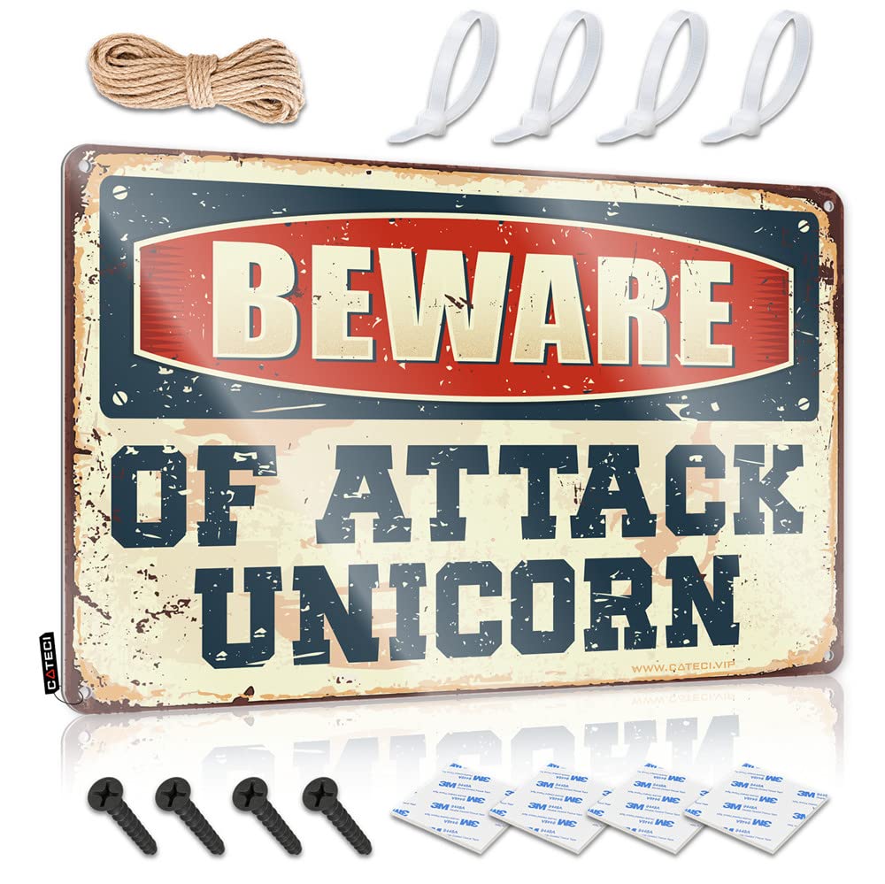 HELIOFORGE Hot Beer Tin Sign Beware Of Attack Unicorn Sign Backyard Bar Sign Tin Bar Signs(30X40CM)