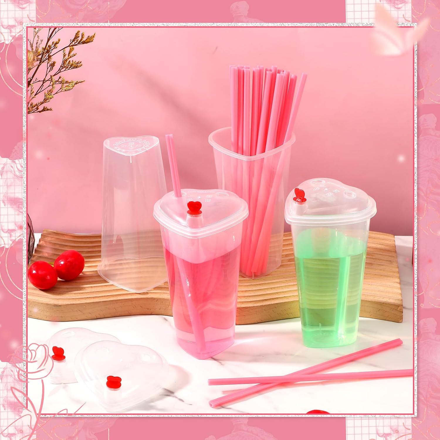 50 Sets Heart Shaped Plastic Cups with Straws and Lids – 16 oz Disposable Clear PP Cups with Pink Heart Straws & Airtight Lids for Valentine’s Day, Bridal Shower, Birthday, Wedding Party Supplies image 4