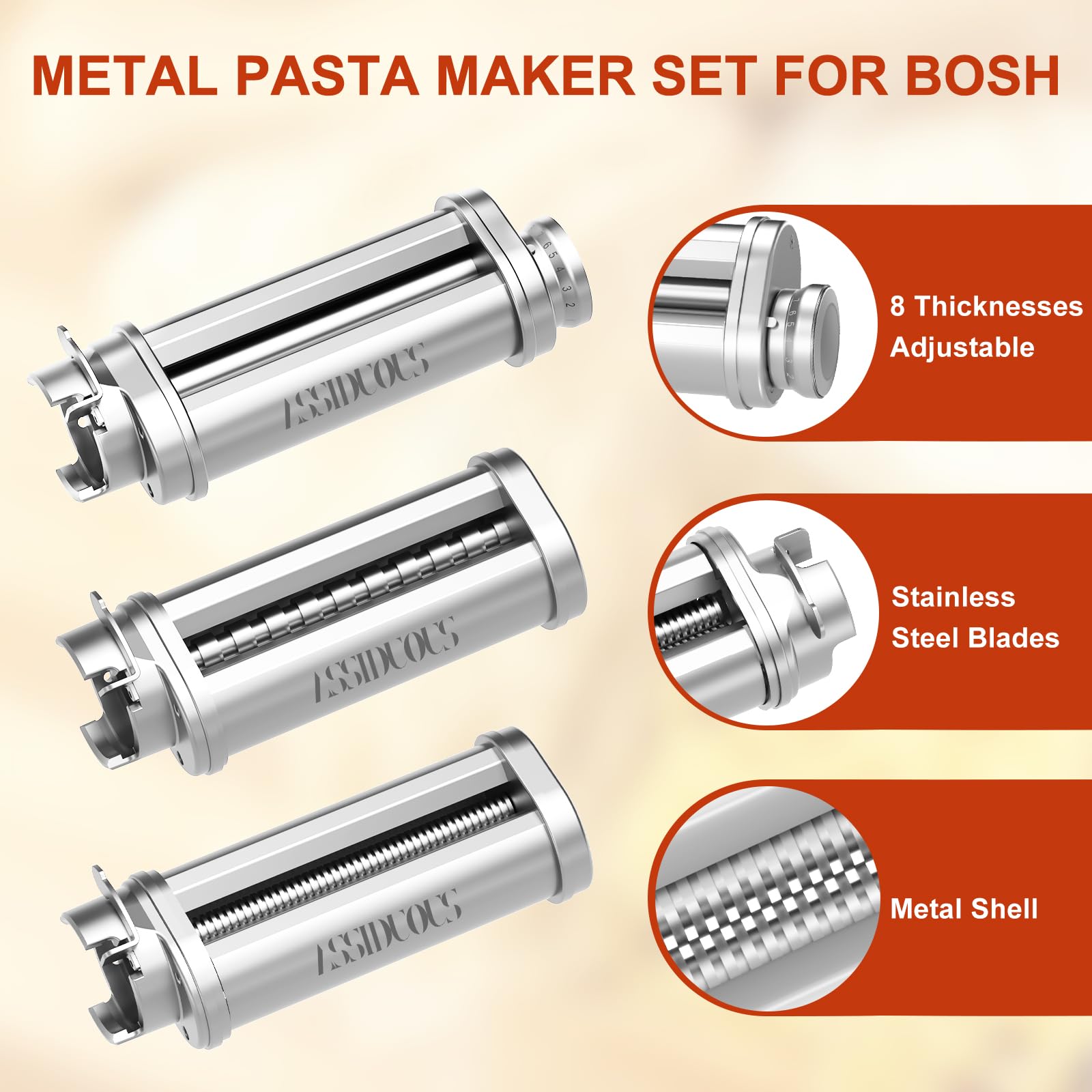 Nudelaufsatz für Bosch Mum5 Mum4 Zubehörteile, Nudelvorsatz aus SUS304 Edelstahl, Pasta Roller Edelstahl Spaghetti Fettuccine Kompatibel mit BOSCH Küchenmaschinen MUM5 MUM4 (Nudelaufsatz Set)