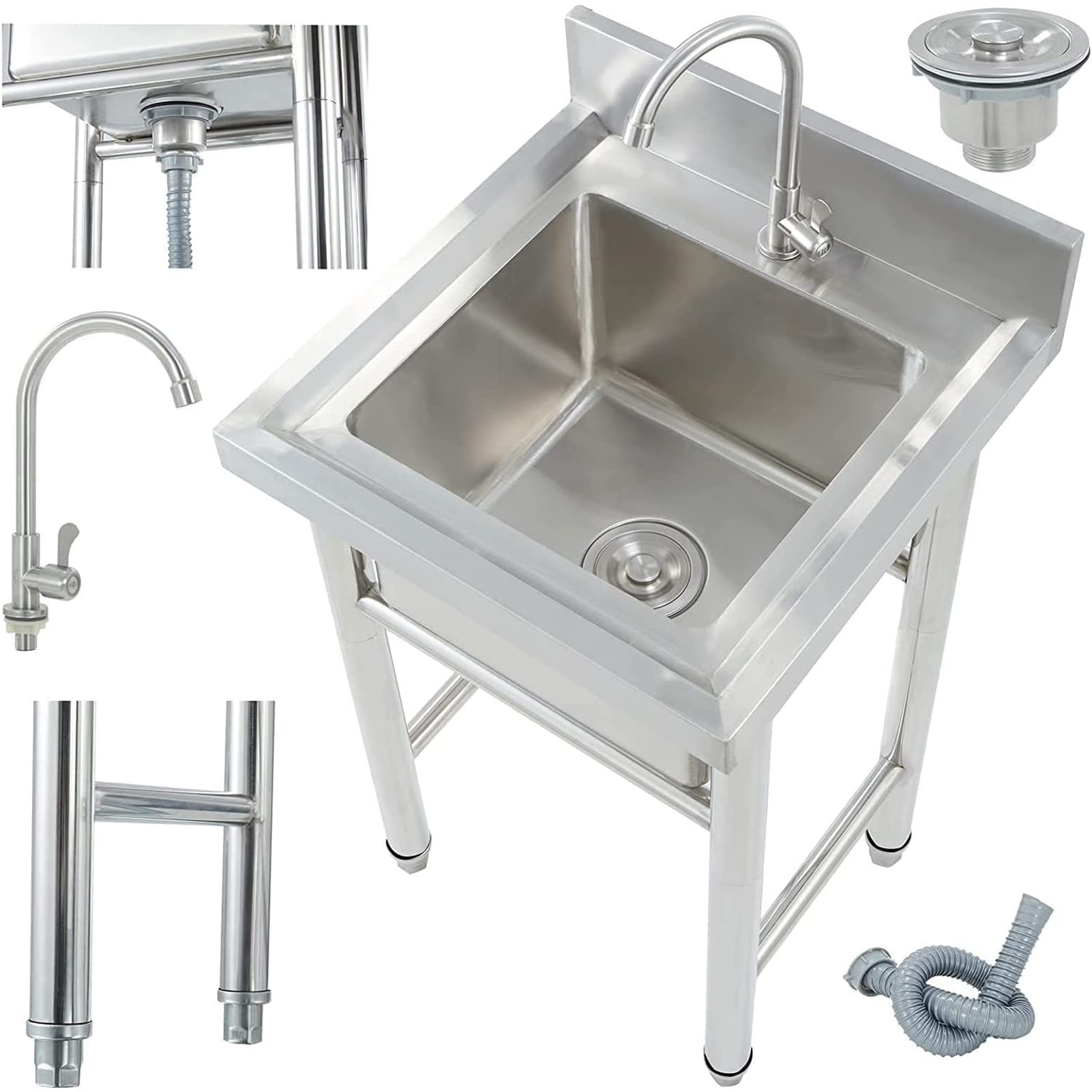 TAXXII Kitchen Sink with Faucet Stainless Steel Single Bowl Utility Freestanding Square for Outdoor, Garage, Garden, Laundry