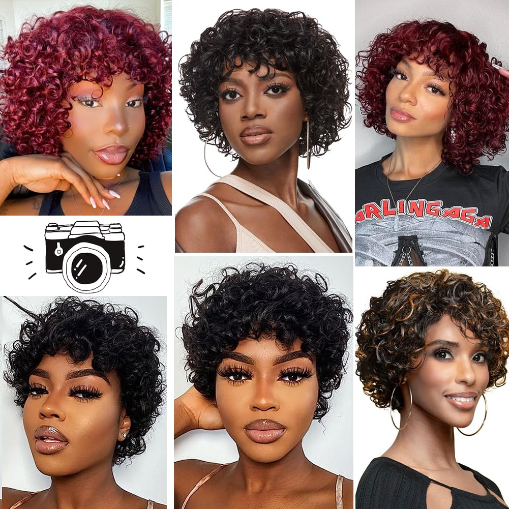 Joedir HAIR Curly Wig with Bangs Human Hair for Black Women Short Curly Bangs Wigs Black mixed Brown Highlight Curly Bob Glueless Wig 150% Density (Color: F1B/30)
