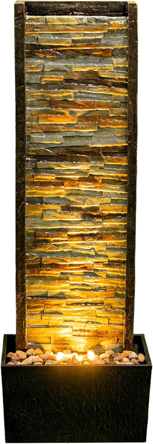 Water Fall Fountains Indoor:Illuminated Stone Cascade Waterfall Fountain for Indoor&Outdoor – Elegant Water Feature with LED Lights to Decor Office,Livingroom,Bedroom,Garden, 38 inches Multiple Colors