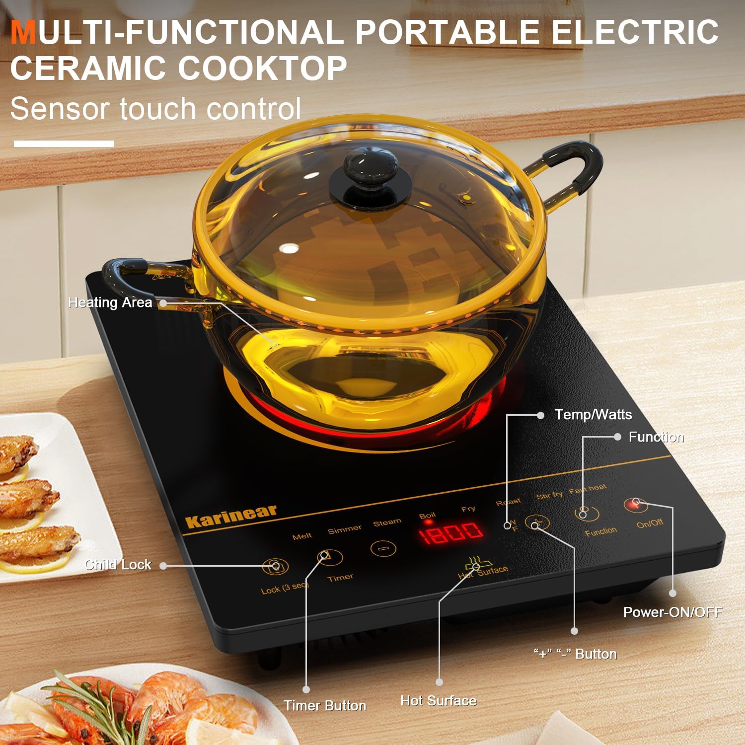 Karinear Portable Electric Cooktop, Electric Stove Single Burner Ceramic Cooktop with Touch Control, Child Safety Lock, Timer, Residual Heat Indicator, Overheat Protection, 1800W 110V Infrared Burner