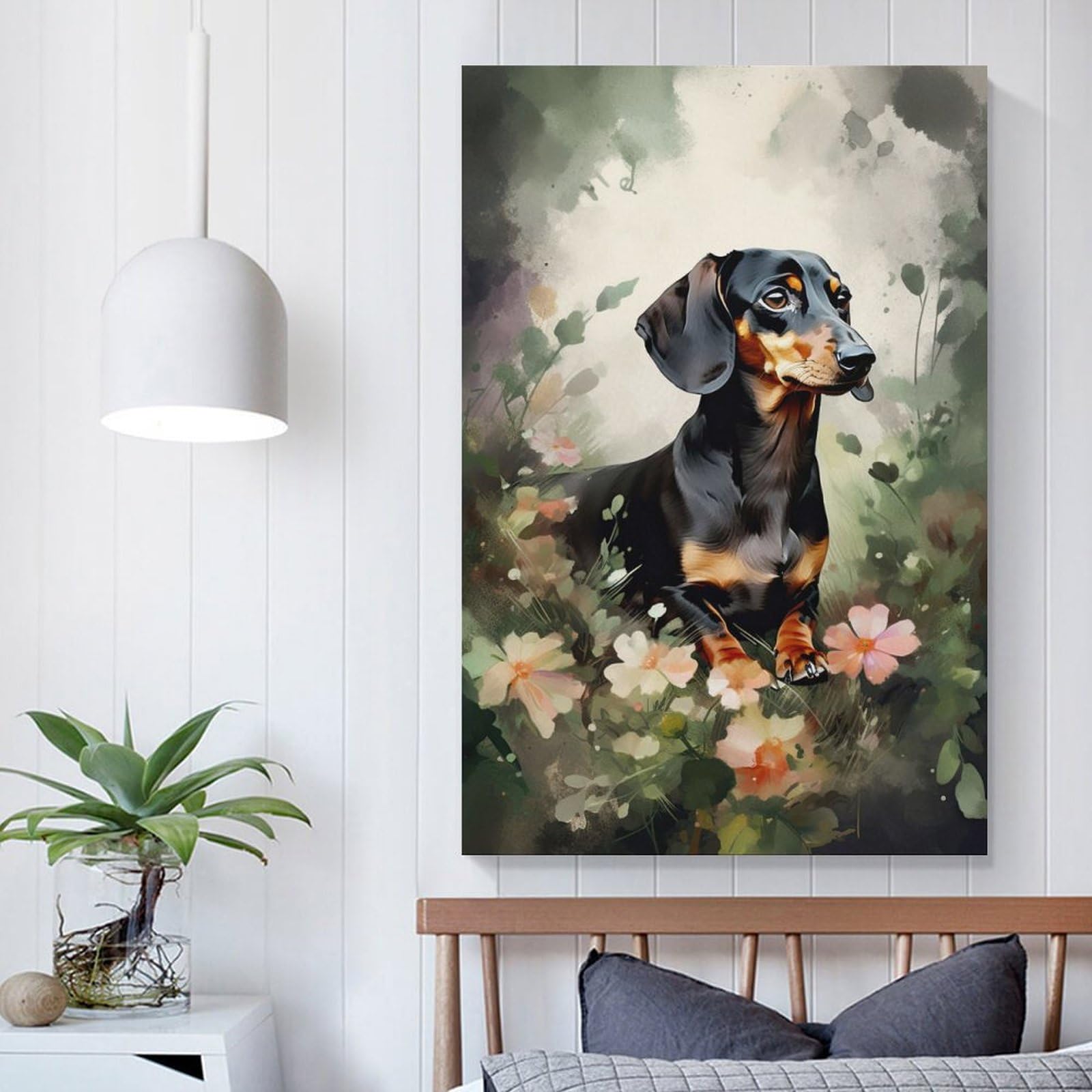 Tableau Teckel et fleurs pour decoration murale de chambre a coucher moderne
