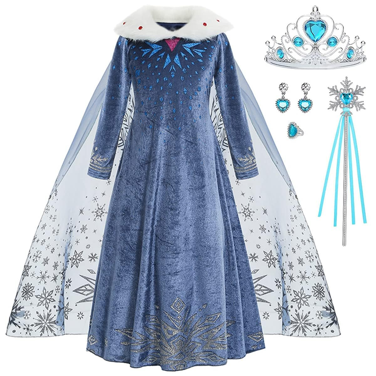 ZaisuiFun Disfraz de Princesa Elsa para Niñas Vestido Frozen Azul Manga Larga Calentito con Cuello de Peluche para Halloween Cumpleaños Canarval
