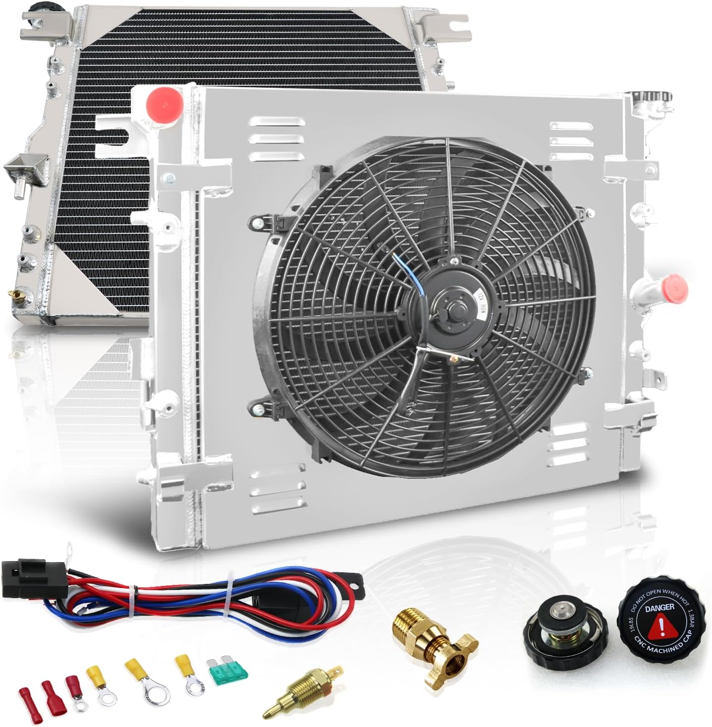 All Aluminum Radiator Fan Shroud Assembly + 16" Cooling Electric Fan w/Thermostat Compatible with 2007-2018 2008 2009 10 11 12 13 14 J e e p Wrangler JK 3.6L 3.8L