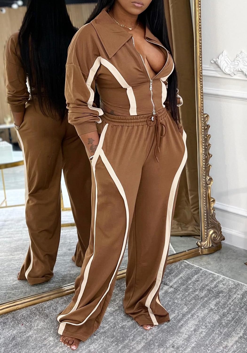 Geulis Fall Sweatsuits Women 2 Piece Outfit Long Sleeve Zipper Cropped Jacket Drawstring Wide Leg Sweatpants Set - Image 3