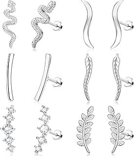 6 Pairs 16G Stainless Steel Cartilage Earrings Ear Climbers Earrings for Women Gold Helix Crawler Earrings Stud Opal CZ Helix Conch Piercing Jewelry Flat Back Earrings for Upper Ear Cartilage