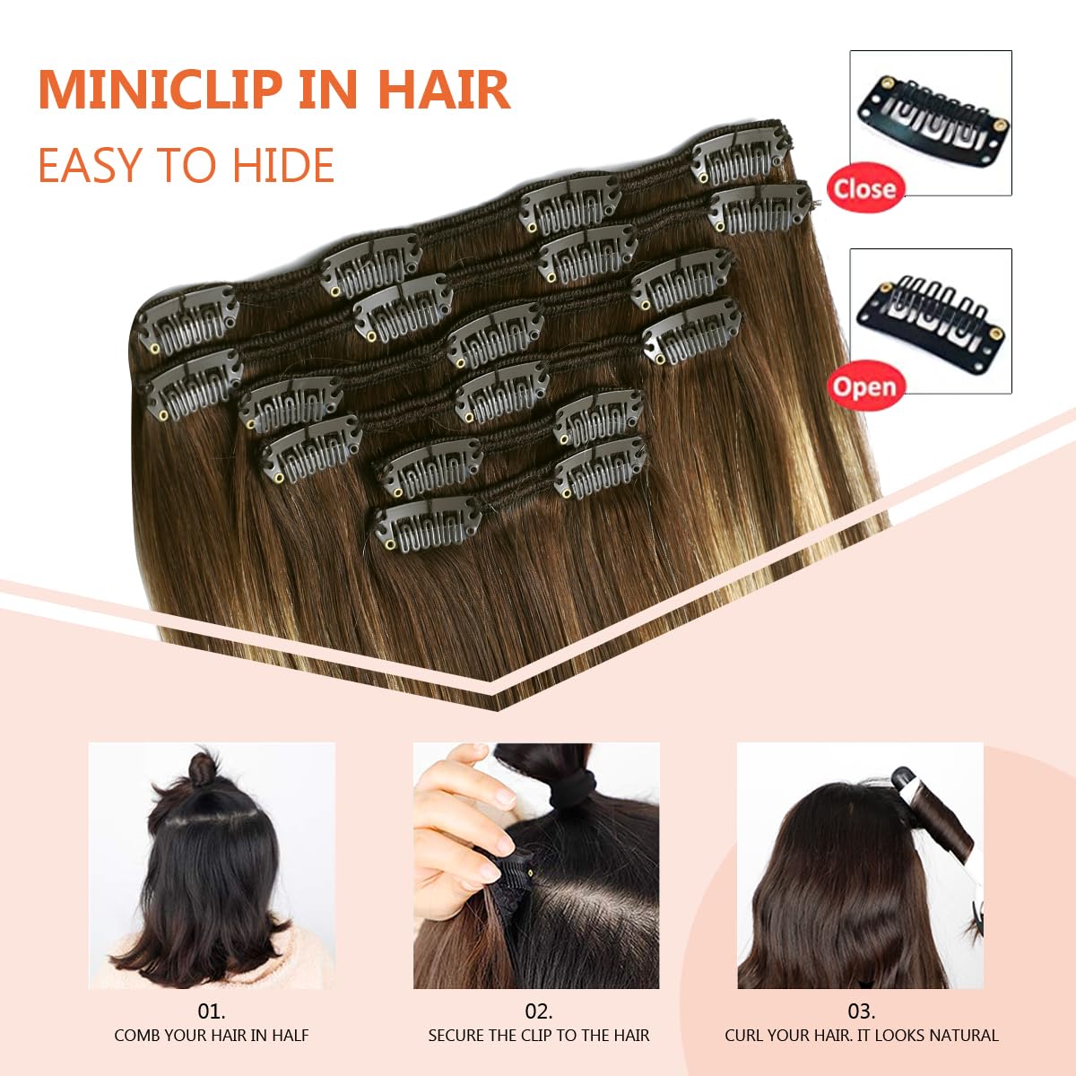 XDhair Extension Capelli Veri Clip Dal castano cioccolato al biondo caramello 45cm 120g 6pcs Extension Clip Capelli Veri Lisci Extension Clip in Human Hair (C#4/27/4-18)