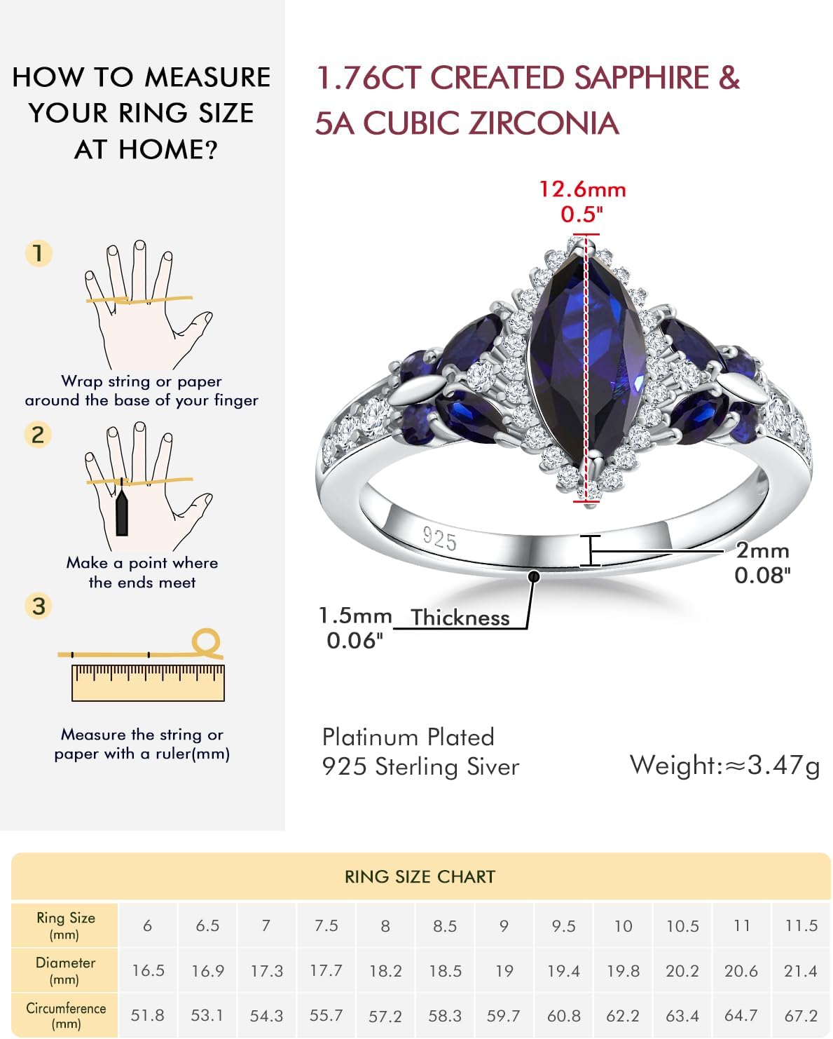 DAYBYDAY Birthstone Rings for Women, 925 Sterling Silver Marquise/Cushion Cut Sapphire/Emerald/Aquamarine Ring, Gemstone Engagement Promsie Rings for Her Size 6-10 - Image 6