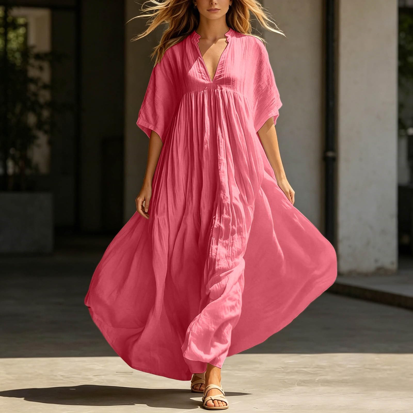 Vestido de Playa Holgado de Color Liso para Mujer con Escote en V.