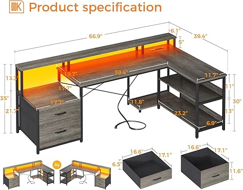 Miniatura 3 de ODK Escritorio en forma de L con cajón de archivos, escritorio reversible en forma de L de 66 pulgadas con toma de corriente y tira LED, escritorio