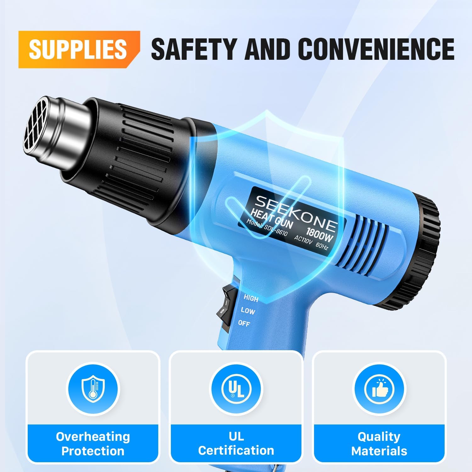 SEEKONE Heat Gun with icons for Overheating Protection, UL Certification, and Quality Materials.