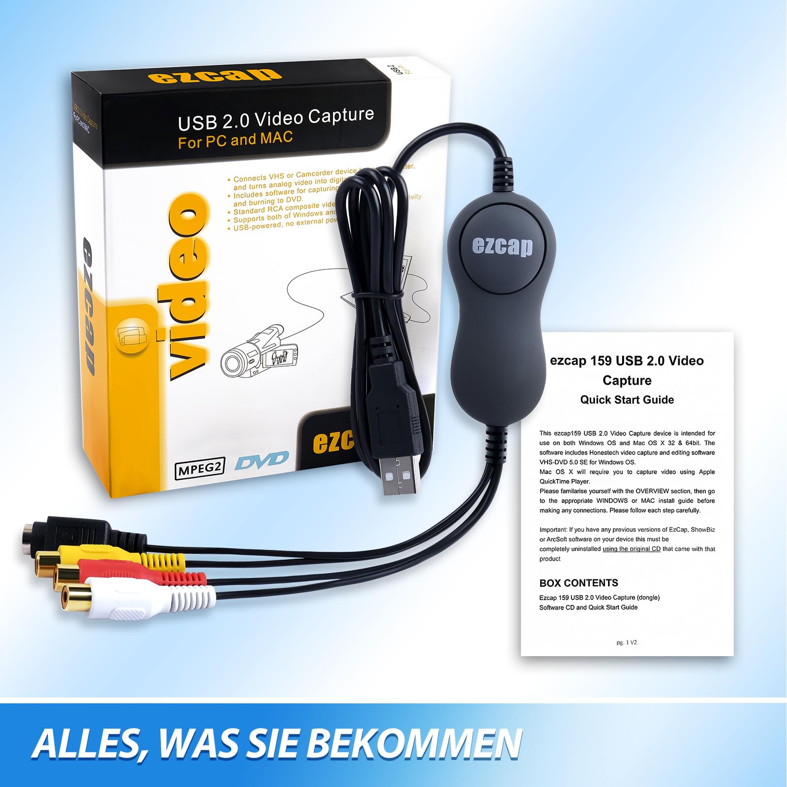 Mwin USB 2.0 Video Capture Card, VHS/VCR auf Digital Converter, Digitalisieren Sie analoges Video für Mac oder Windows, Easy VHS/VCR/TV auf DVD