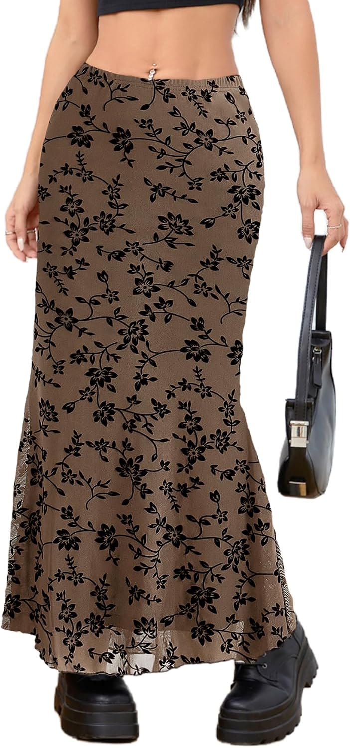 Milumia Women's Floral Print Mesh Long Skirt Low Waisted Y2k Flare Hem Fishtail Skirts