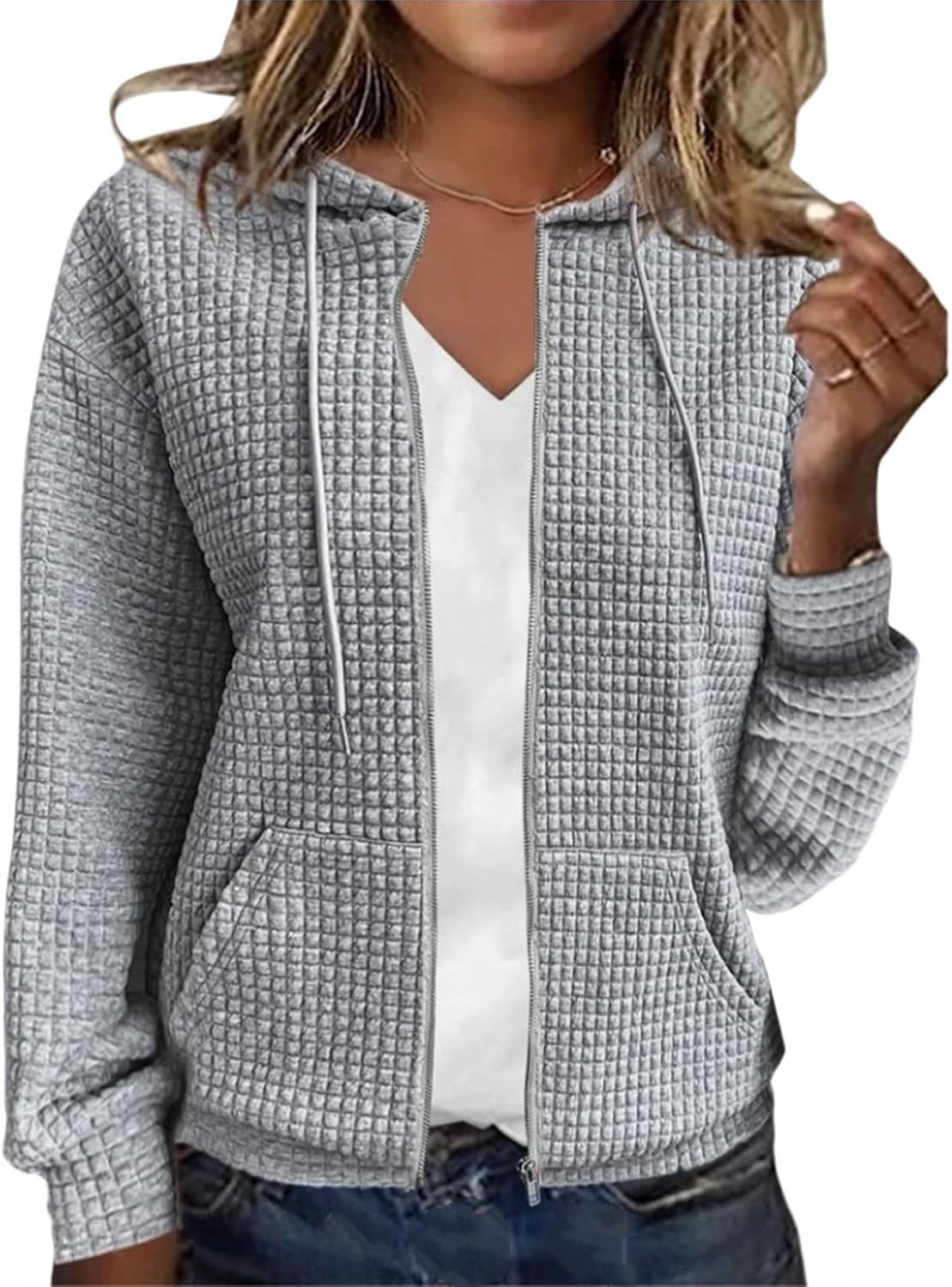 Waffle Knit Jacket for Women Zip Up Long Sleeve Sweatshirt Jackets Loose Fit Women's Fall Light Coats with Hood