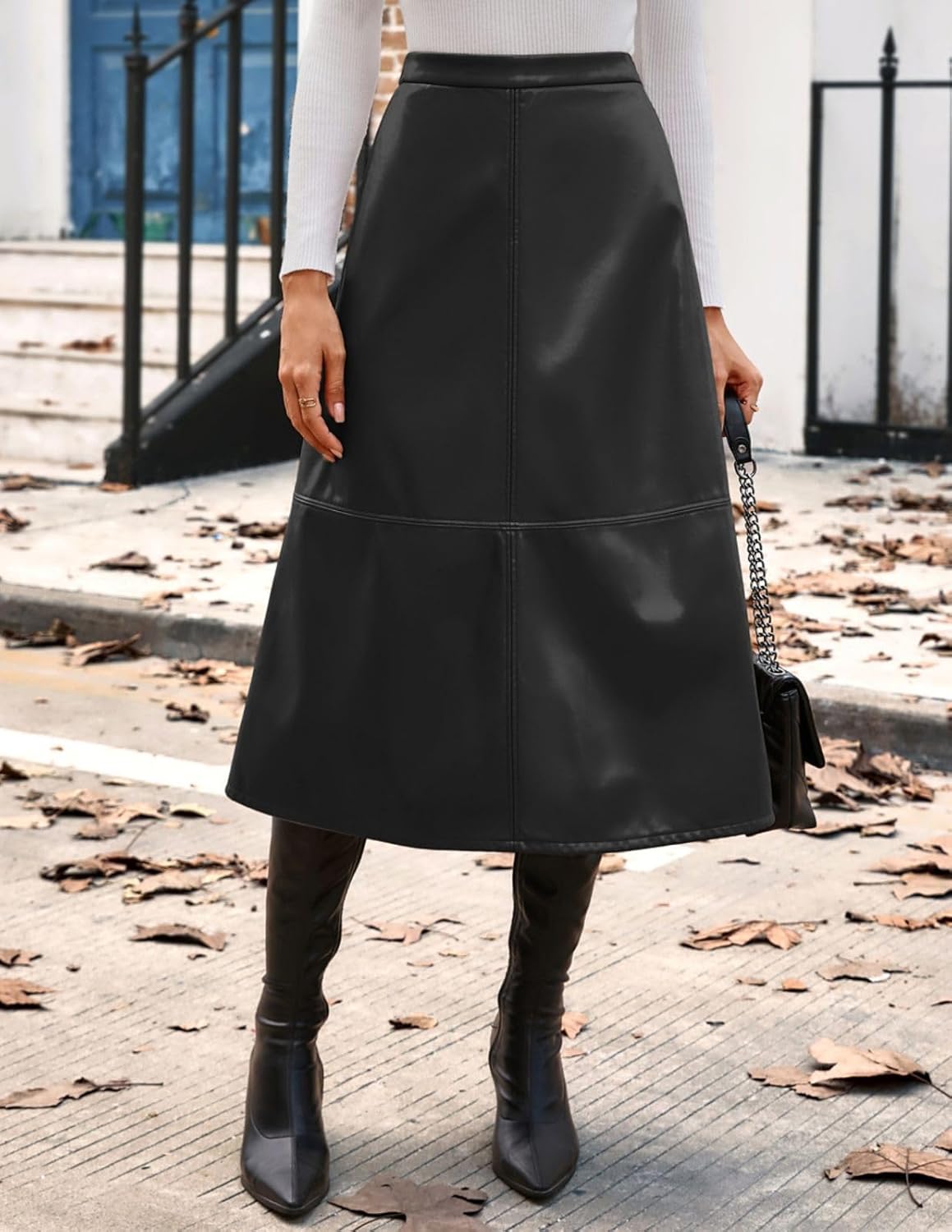 Kate Kasin 2025 Women's Faux Leather Skirts, High Waist A Line Skirt, Fall Winter Midi Skirt - Image 4