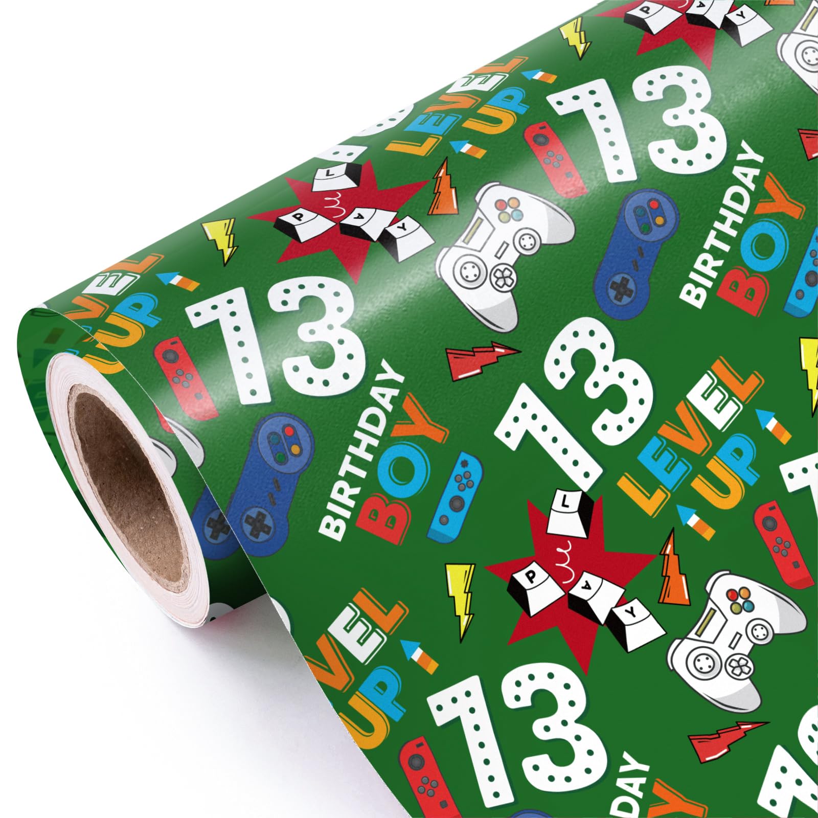WRAPAHOLIC 13th Birthday Wrapping Paper - Mini Roll - 17 Inch x 33 Feet - Green Gaming Boys Happy Birthday Wrapping Paper for Boys, Game Lover, Party,