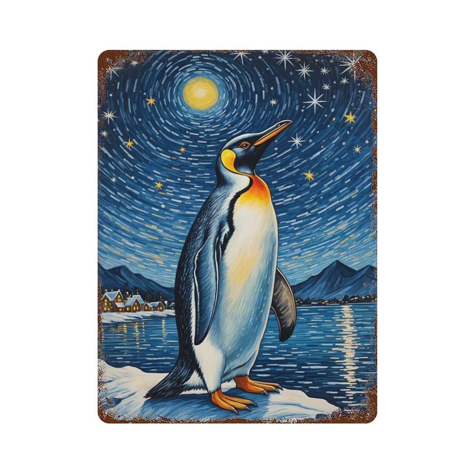 Penguin Under Starry Sky Decorative Tin Sign 15.7"x11.8", Retro Wall Decor for Living Room, Hallway And Home Decor