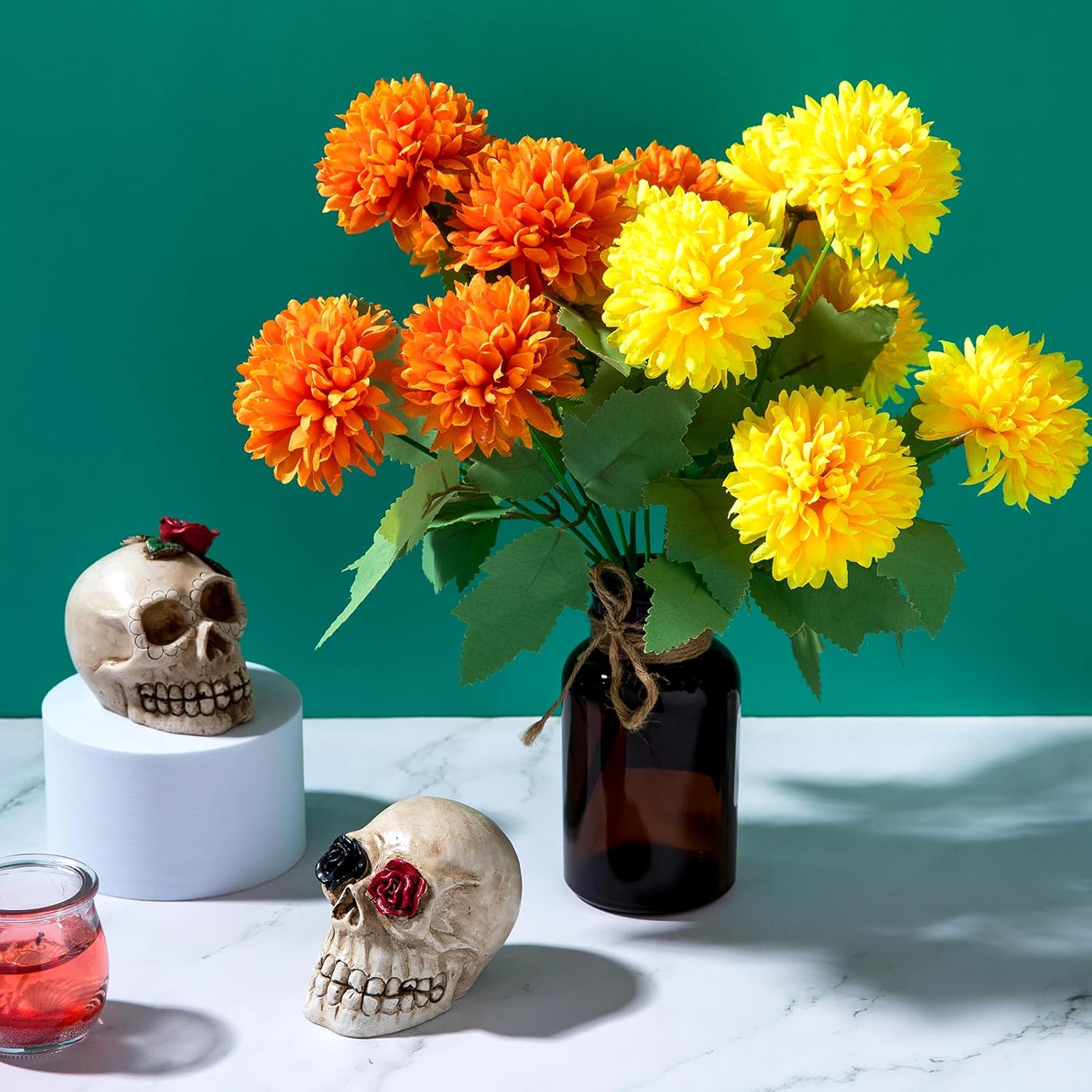 Artificial Marigold Flowers, 4 Pack 12 Inch Silk Marigold Flower Heads Bouquet for Day of The Dead Decor Halloween Decoration Dia De Los Muertos Home Decoration, Orange & Yellow - Image 6