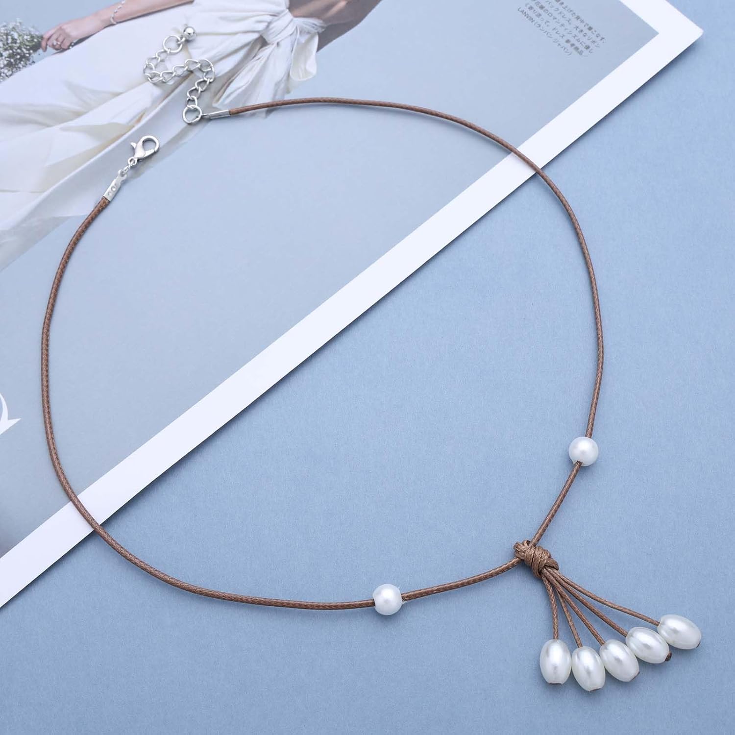 Vintage Brown Leather Pearl Choker Necklace Leather Y Lariat Necklaces Pearl Tassel Drop Necklaces Long Brown Cord Necklace Long Necklace Chain Jewelry for Women - Image 3