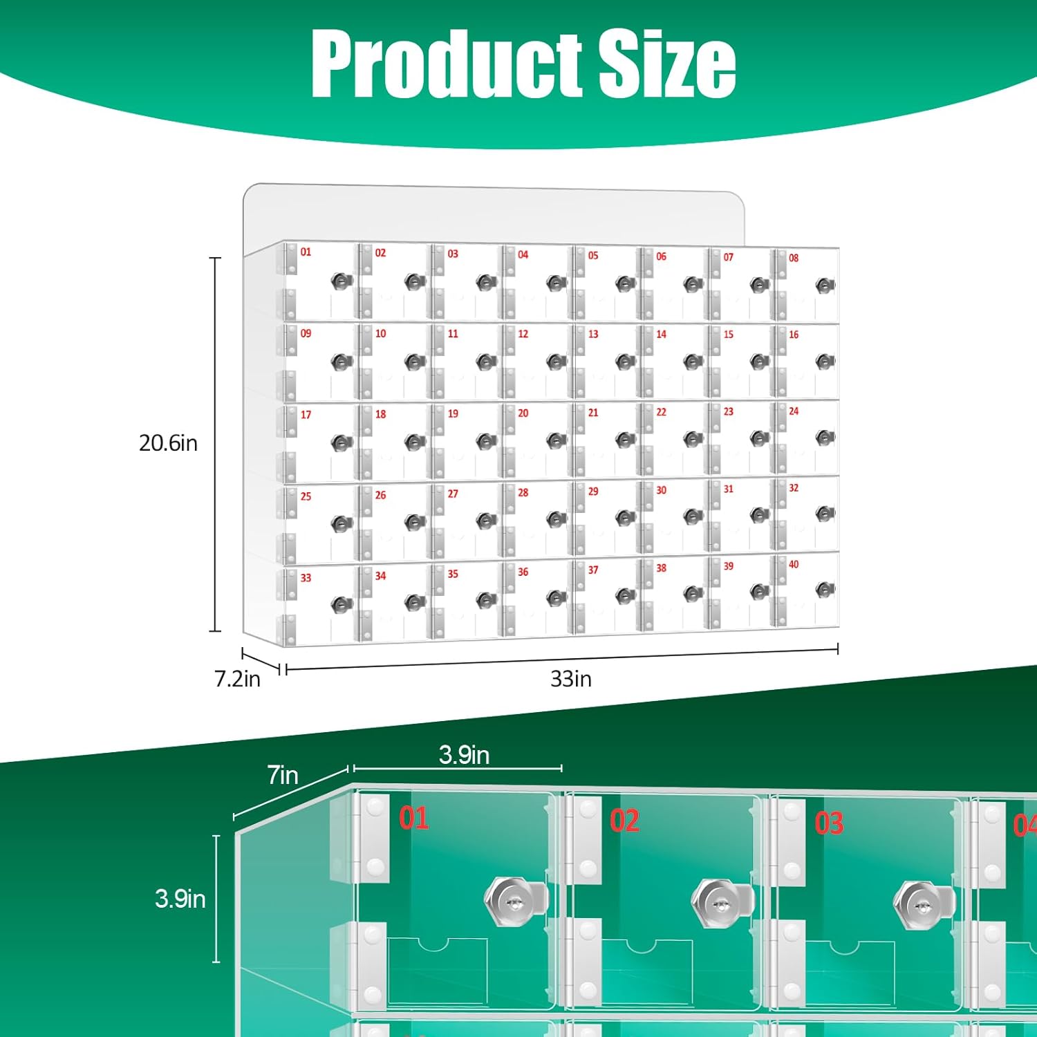 40 Slots Cell Phone Locker, Acrylic Phone Locker with Independent Locks and Keys, No Assembly Required, Wall-Mounted Phone Jail Storage Cabinet for School, Office, Gym (33 x 7 x 21 inches)