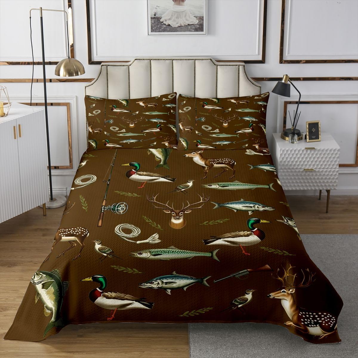 Feelyou Hunting and Fishing Bedspread King Size Big Bass Pike Fish Coverlet Set Deer Hunting Quilted Coverlet for All Season with 2 Pillowcases Rustic Cabin Lake House Microfiber Lightweight