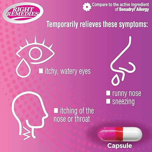 Miniatura 6 de RIGHT REMEDIES Alivio de la alergia, antihistamínico, difenhidramina HCL 25 mg, cápsulas genéricas de benadryl, alivia las alergias estacionales en
