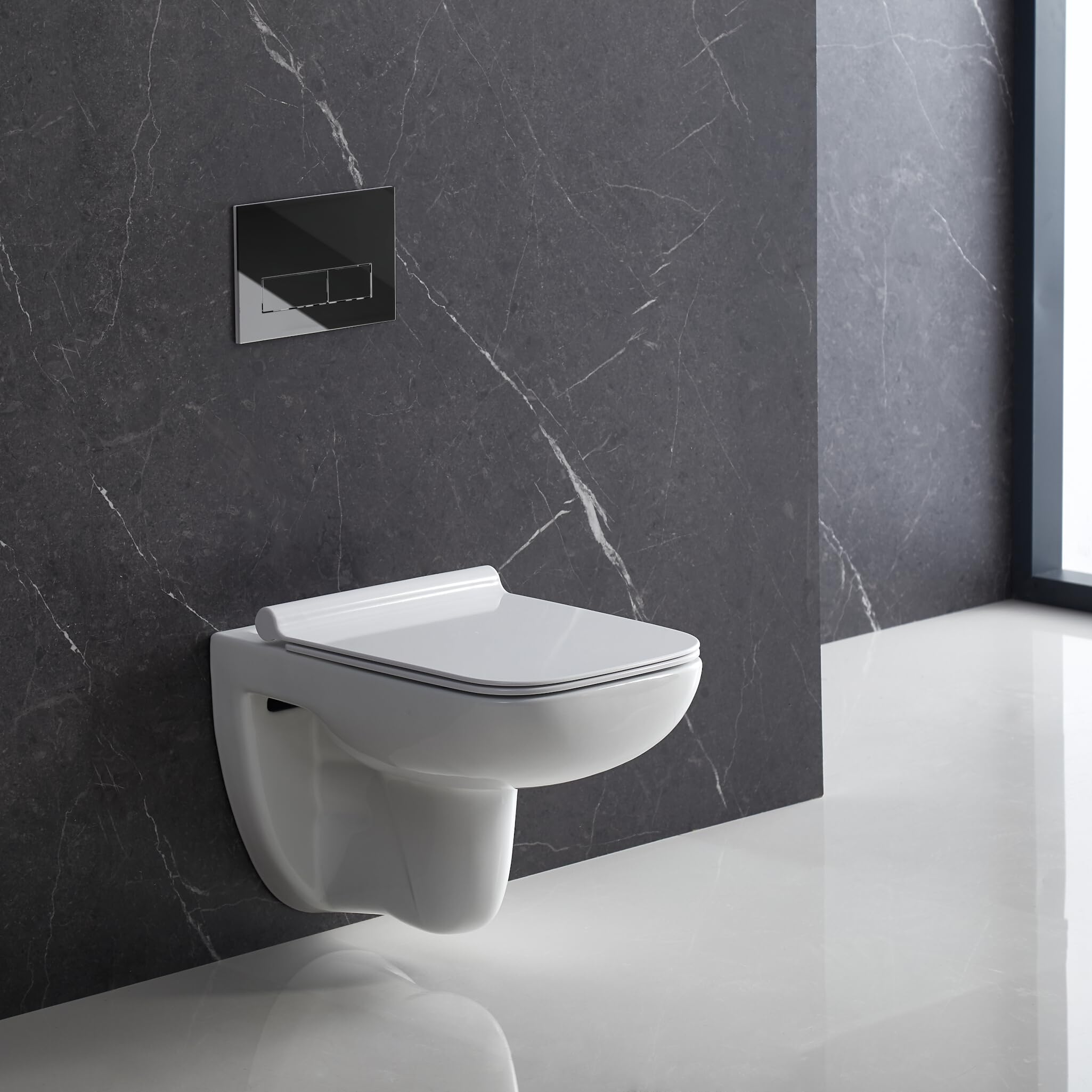 Set per WC con piastra di pressione + WC da parete Capri Slim senza bordo + sedile WC con chiusura soft close (RC)