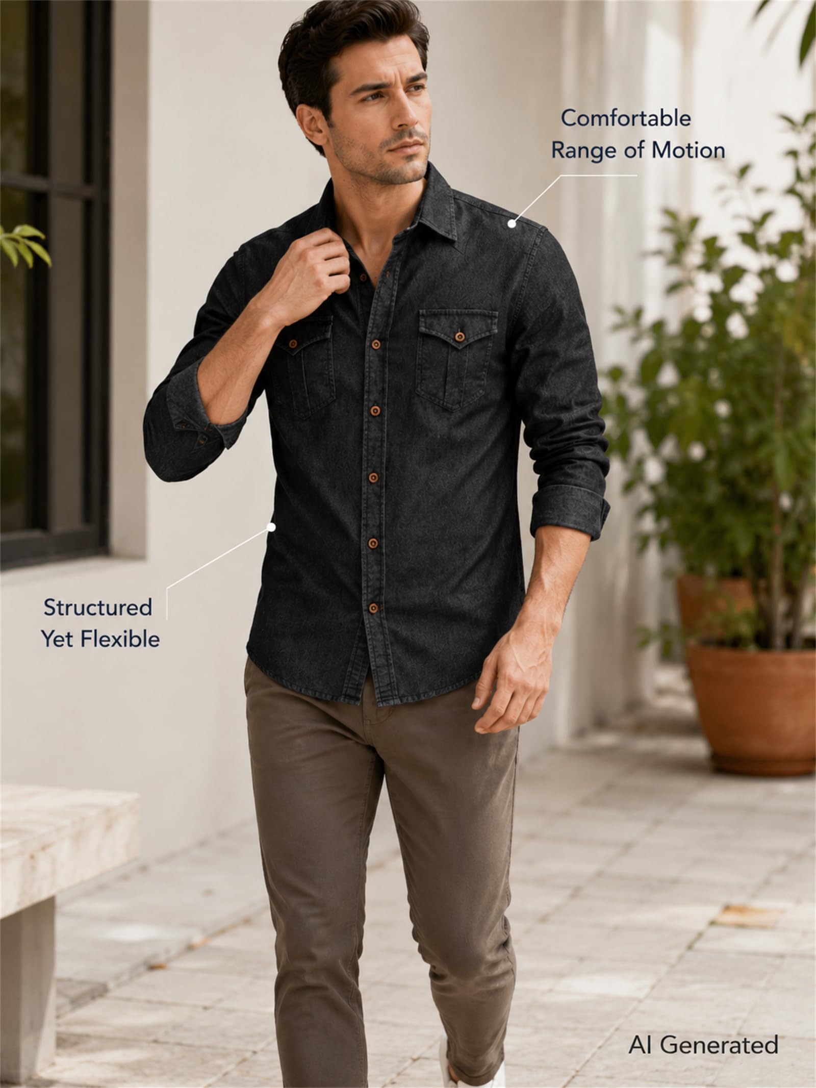 Camicia casual da uomo in denim, a maniche lunghe, con bottoni, vestibilità