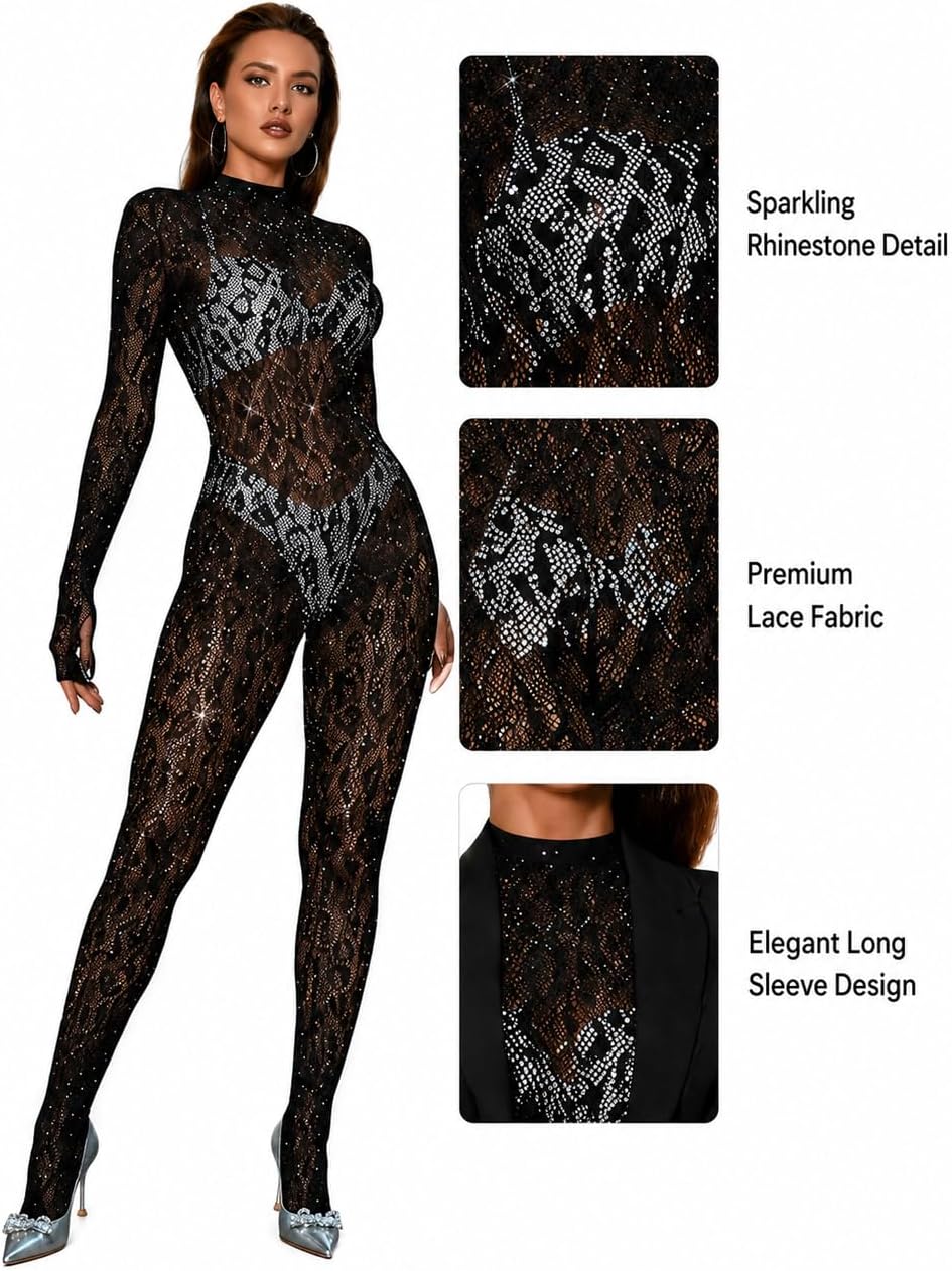 Women Sexy Lace Leopard Jumpsuit, Fishnet Bodysuit Glow Party Club, Mesh Full Body Stocking Rave Outfits