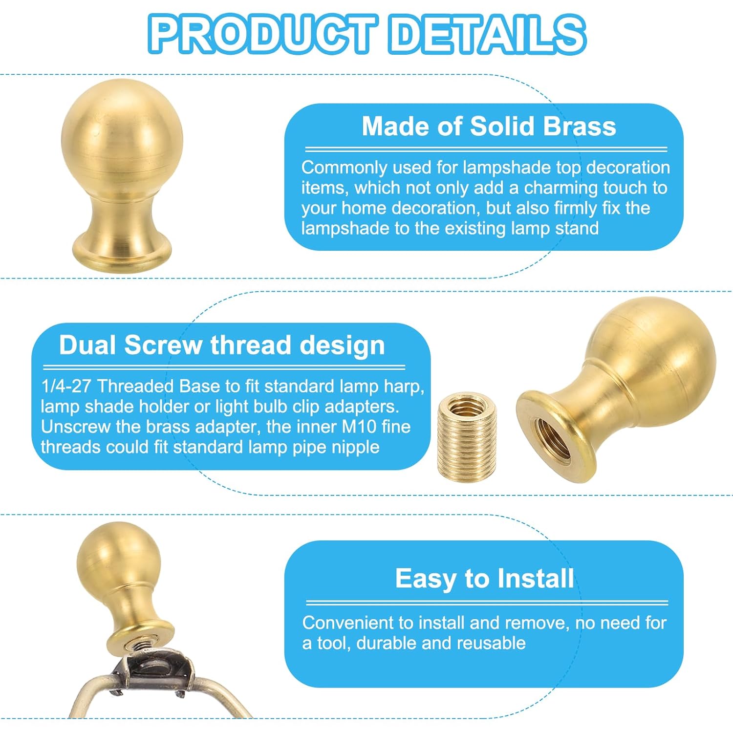 PATIKIL 25 x 37.5mm Lamp Finials Caps Knob, 2 Set Solid Brass Lamp Shade Top Decoration Screw Cap Nuts with Brass Reducing Adapter for Table Lamps Floor Lamps