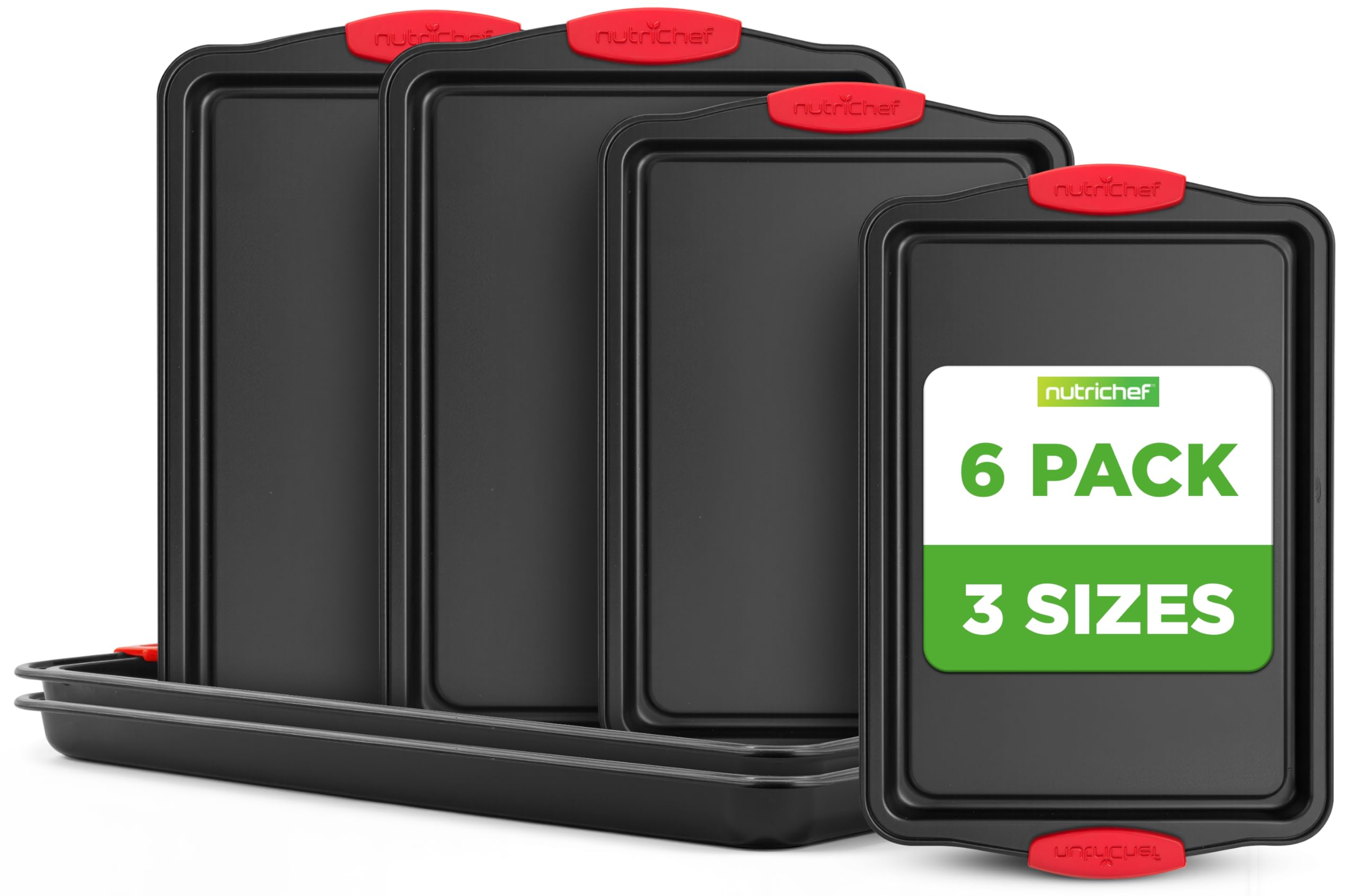 Nonstick Baking Pans Set – Premium Cookie Sheets for Baking, Carbon Steel Stackable Baking Trays with Red Silicone Handles, Oven Safe Pans for Cookies, and Cakes, Dishwasher Safe (6 Pack)