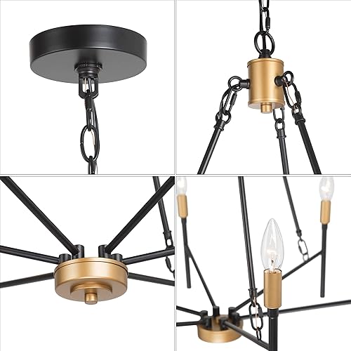 Miniatura 8 de LALUZ Candelabro negro y dorado, lámpara moderna de mediados de siglo de 6 luces, lámpara de araña grande de 27 pulgadas con soporte para lámpara de